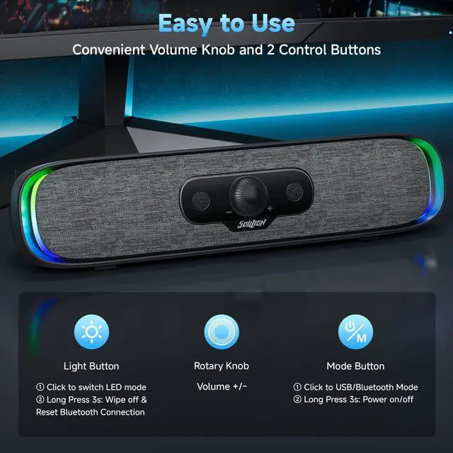 Alt view image 4 of 7 - SOULION R200 Bluetooth Computer Speakers, Compact PC Speakers, USB C/USB Plug & Play Desktop Speaker with Colorful LED Lights, Clear Sound Wired PC Soundbar for Computer Desktop Laptop Monitor