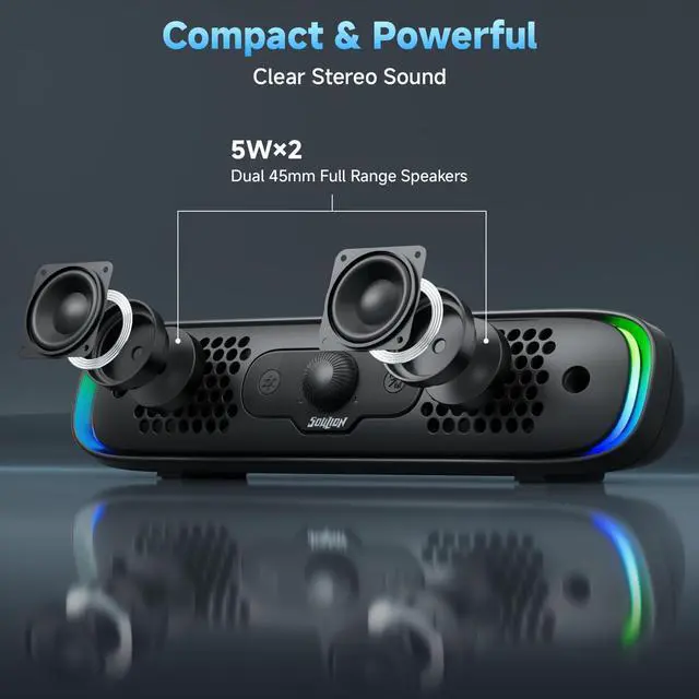 Alt view image 7 of 7 - SOULION R200 Bluetooth Computer Speakers, Compact PC Speakers, USB C/USB Plug & Play Desktop Speaker with Colorful LED Lights, Clear Sound Wired PC Soundbar for Computer Desktop Laptop Monitor