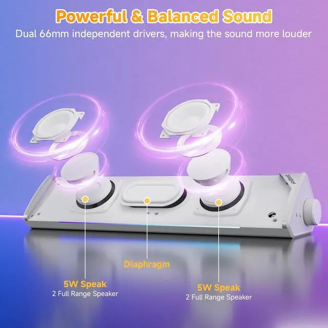Alt view image 2 of 7 - SOULION R60 Bluetooth Computer Speakers, USB-C/USB Plug-N-Play PC Speakers with LED Dynamic Light, Surround Sound Soundbar Speaker with Rotary Switch for Desktop Laptop