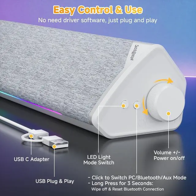 Alt view image 3 of 7 - SOULION R60 Bluetooth Computer Speakers, USB-C/USB Plug-N-Play PC Speakers with LED Dynamic Light, Surround Sound Soundbar Speaker with Rotary Switch for Desktop Laptop