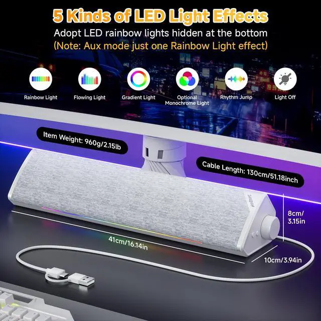 Alt view image 4 of 7 - SOULION R60 Bluetooth Computer Speakers, USB-C/USB Plug-N-Play PC Speakers with LED Dynamic Light, Surround Sound Soundbar Speaker with Rotary Switch for Desktop Laptop