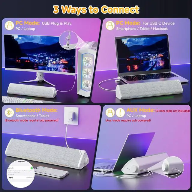 Alt view image 5 of 7 - SOULION R60 Bluetooth Computer Speakers, USB-C/USB Plug-N-Play PC Speakers with LED Dynamic Light, Surround Sound Soundbar Speaker with Rotary Switch for Desktop Laptop