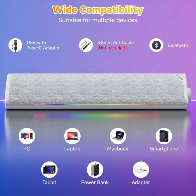 Alt view image 6 of 7 - SOULION R60 Bluetooth Computer Speakers, USB-C/USB Plug-N-Play PC Speakers with LED Dynamic Light, Surround Sound Soundbar Speaker with Rotary Switch for Desktop Laptop