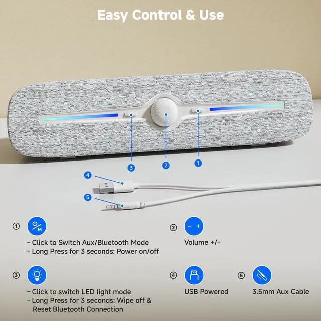 Alt view image 3 of 7 - SOULION R90 Bluetooth Computer Speakers for Desktop, USB Powered 3.5mm AUX PC Speakers with LED Dynamic Light, Portable Soundbar Speaker with Rotary Volume Control for Laptop Monitor, White