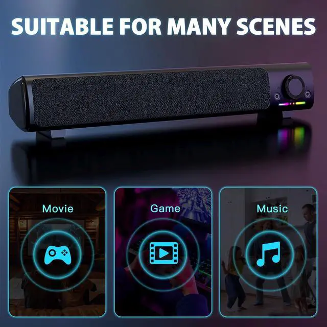 Alt view image 3 of 7 - HPYLIF·H USB Powered Computer Speakers, Wired PC Gaming Sound Bars with RGB Light, 3.5 mm Jack AUX Plug in External Monitor Speaker for Desktop, Laptop, Plug and Play