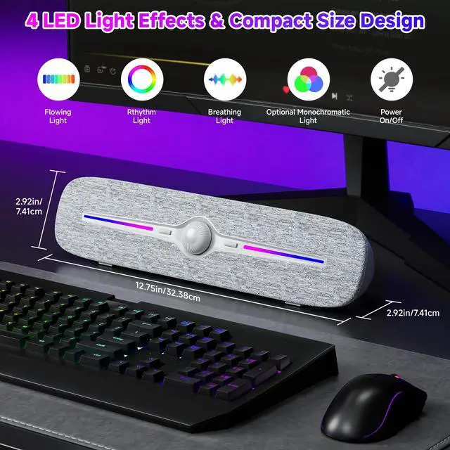 Alt view image 4 of 7 - SOULION R90 Bluetooth Computer Speakers for Desktop, USB Powered 3.5mm AUX PC Speakers with LED Dynamic Light, Portable Soundbar Speaker with Rotary Volume Control for Laptop Monitor, White