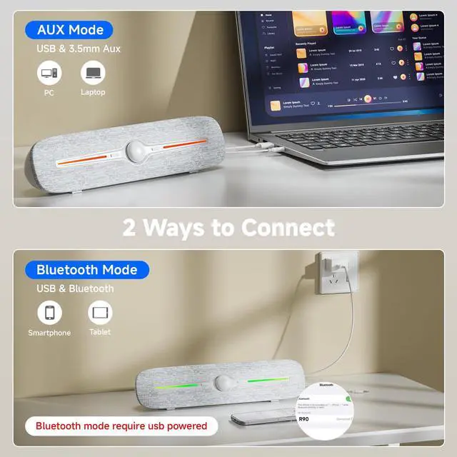 Alt view image 5 of 7 - SOULION R90 Bluetooth Computer Speakers for Desktop, USB Powered 3.5mm AUX PC Speakers with LED Dynamic Light, Portable Soundbar Speaker with Rotary Volume Control for Laptop Monitor, White