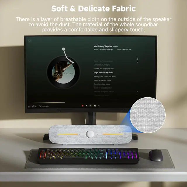 Alt view image 6 of 7 - SOULION R90 Bluetooth Computer Speakers for Desktop, USB Powered 3.5mm AUX PC Speakers with LED Dynamic Light, Portable Soundbar Speaker with Rotary Volume Control for Laptop Monitor, White