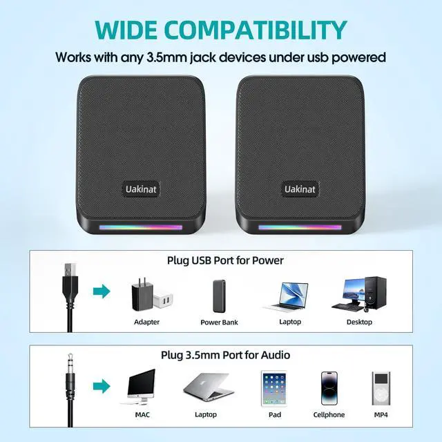 Alt view image 5 of 7 - Computer Speakers,with 7 Colorful RGB Lights, Headphone Jack, Enhanced Bass and Volume Control, PC Speakers USB Powered Gaming Speakers for Laptop Monitor PC Tablet Phone