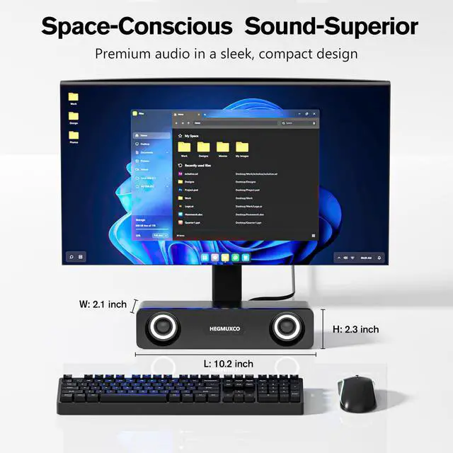 Alt view image 3 of 7 - Computer Speakers for Desktop PC - 10W Wired Stereo Speakers with Volume Control Wheel, USB Powered, 3.5mm Audio Input, Compact Expertly Tuned Soundbar with Deep Bass for Office, Home, and Gaming