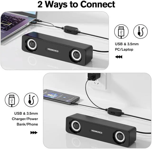 Alt view image 6 of 7 - Computer Speakers for Desktop PC - 10W Wired Stereo Speakers with Volume Control Wheel, USB Powered, 3.5mm Audio Input, Compact Expertly Tuned Soundbar with Deep Bass for Office, Home, and Gaming