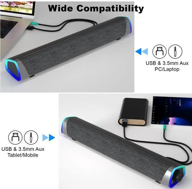 Alt view image 6 of 7 - SOULION R30 Computer Speakers, USB Powered PC Speaker, Colorful LED Lights with Switch Button, 3.5mm Aux Surround Soundbar for Desktop Laptop Gray