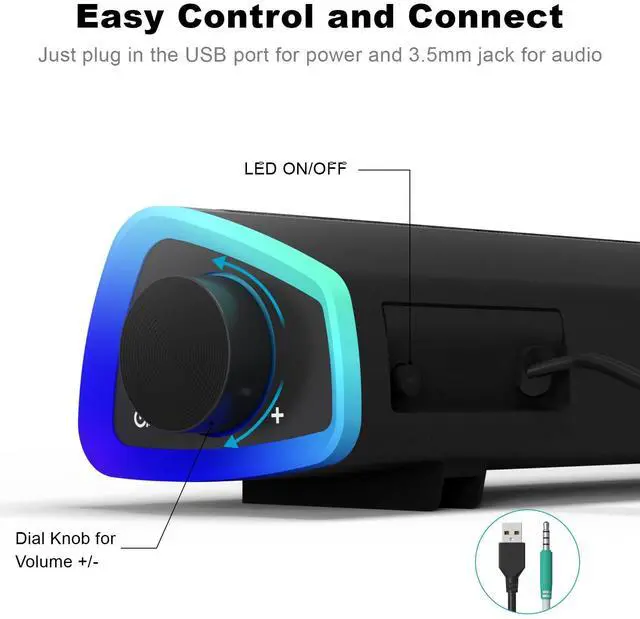 Alt view image 5 of 7 - SOULION R30 Computer Speakers, USB Powered PC Speaker, Colorful LED Lights with Switch Button, 3.5mm Aux Surround Soundbar for Desktop Laptop Gray