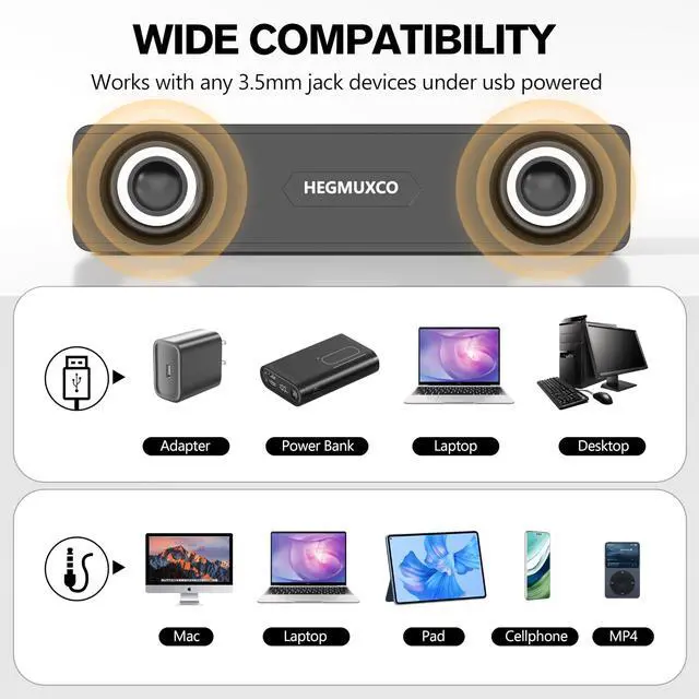 Alt view image 7 of 7 - Computer Speakers for Desktop PC - 10W Wired Stereo Speakers with Volume Control Wheel, USB Powered, 3.5mm Audio Input, Compact Expertly Tuned Soundbar with Deep Bass for Office, Home, and Gaming