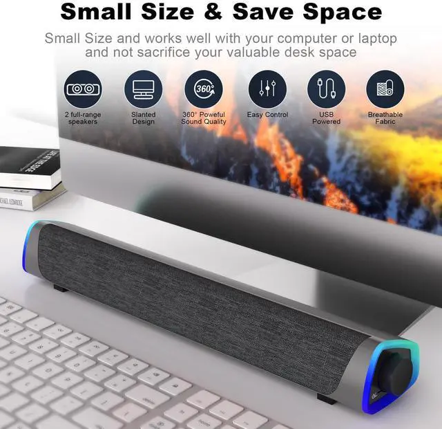 Alt view image 7 of 7 - SOULION R30 Computer Speakers, USB Powered PC Speaker, Colorful LED Lights with Switch Button, 3.5mm Aux Surround Soundbar for Desktop Laptop Gray