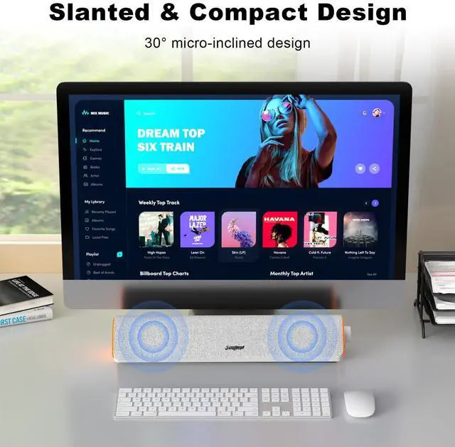 Alt view image 6 of 7 - R50 Bluetooth Computer Speakers, USB Powered Pc Speakers for Desktop Monitor, 3.5mm Wired & Colorful LED Lights, Surround Sound Soundbar for Computer Laptop, White