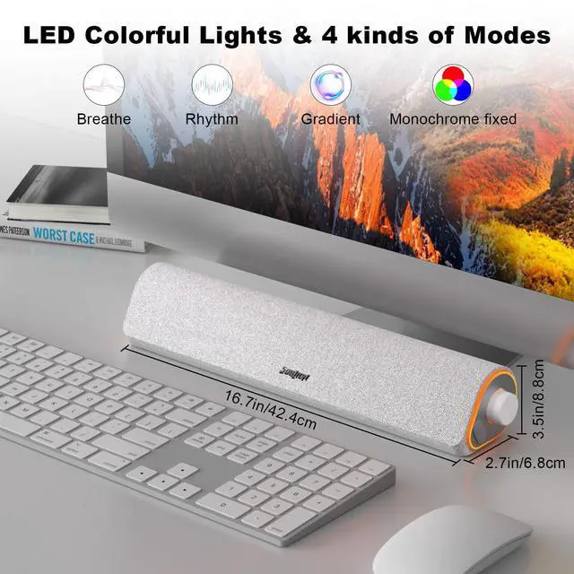Alt view image 5 of 7 - R50 Bluetooth Computer Speakers, USB Powered Pc Speakers for Desktop Monitor, 3.5mm Wired & Colorful LED Lights, Surround Sound Soundbar for Computer Laptop, White