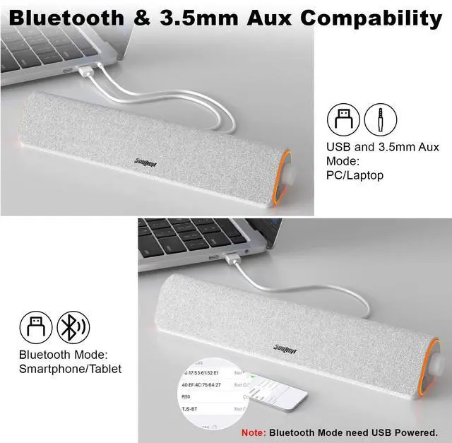 Alt view image 4 of 7 - R50 Bluetooth Computer Speakers, USB Powered Pc Speakers for Desktop Monitor, 3.5mm Wired & Colorful LED Lights, Surround Sound Soundbar for Computer Laptop, White