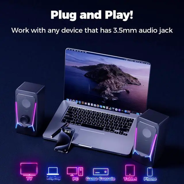 Alt view image 5 of 7 - Computer Speakers, Gaming PC Speakers with Enhanced Bass and Volume Control, Stereo 2.0 USB Powered 3.5mm Aux Multimedia Speakers for Laptop/Desktop/Tablets/Phone