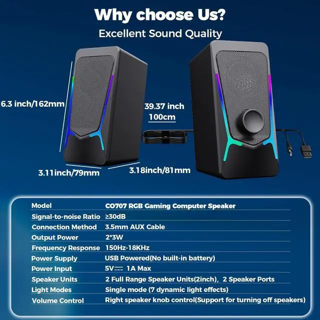 Alt view image 6 of 7 - Computer Speakers, Gaming PC Speakers with Enhanced Bass and Volume Control, Stereo 2.0 USB Powered 3.5mm Aux Multimedia Speakers for Laptop/Desktop/Tablets/Phone