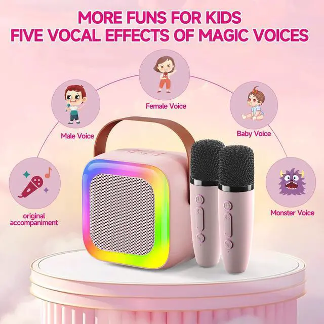 Alt view image 2 of 6 - SECULEAD Mini Karaoke Machine for Kids Teen Adults, Kids Karaoke Machine with 2 Wireless Microphones and LED Lights Toys for Party, Home, Gifts for 4 5 6 7 8 9 10 11 12+ Years Girls Boys(Pink)
