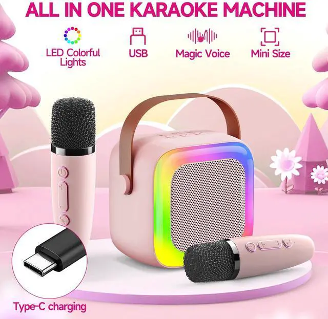 Alt view image 3 of 6 - SECULEAD Mini Karaoke Machine for Kids Teen Adults, Kids Karaoke Machine with 2 Wireless Microphones and LED Lights Toys for Party, Home, Gifts for 4 5 6 7 8 9 10 11 12+ Years Girls Boys(Pink)