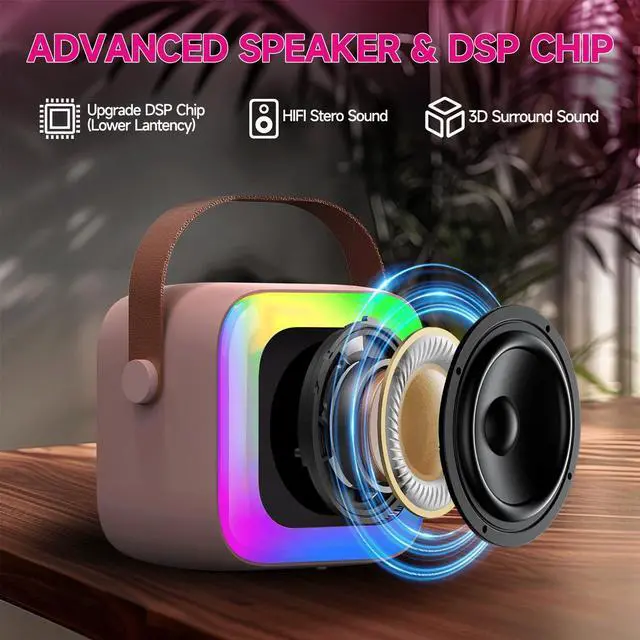 Alt view image 4 of 6 - SECULEAD Mini Karaoke Machine for Kids Teen Adults, Kids Karaoke Machine with 2 Wireless Microphones and LED Lights Toys for Party, Home, Gifts for 4 5 6 7 8 9 10 11 12+ Years Girls Boys(Pink)