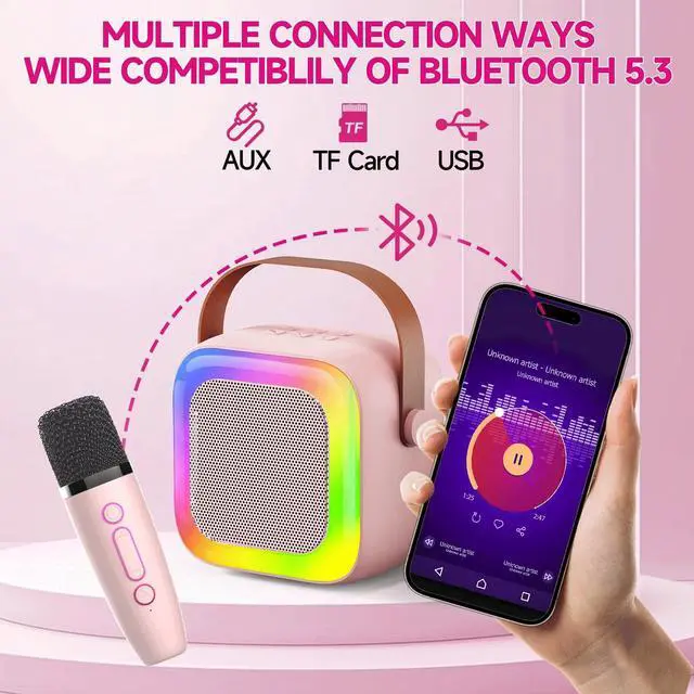 Alt view image 5 of 6 - SECULEAD Mini Karaoke Machine for Kids Teen Adults, Kids Karaoke Machine with 2 Wireless Microphones and LED Lights Toys for Party, Home, Gifts for 4 5 6 7 8 9 10 11 12+ Years Girls Boys(Pink)