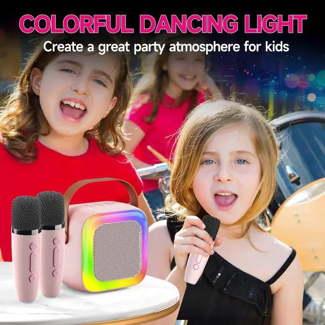 Alt view image 6 of 6 - SECULEAD Mini Karaoke Machine for Kids Teen Adults, Kids Karaoke Machine with 2 Wireless Microphones and LED Lights Toys for Party, Home, Gifts for 4 5 6 7 8 9 10 11 12+ Years Girls Boys(Pink)