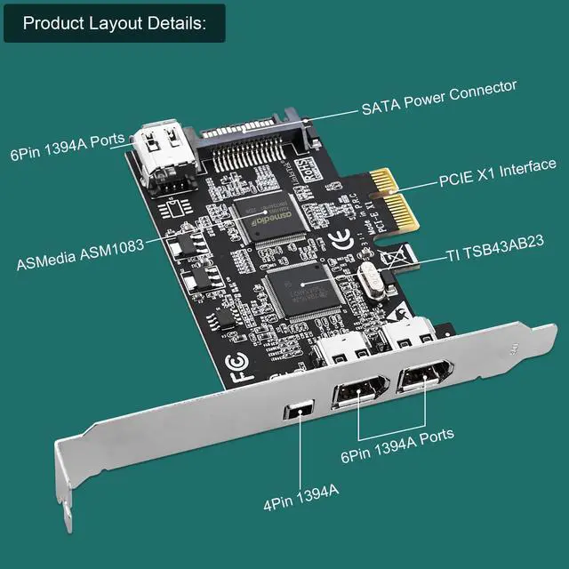 Alt view image 6 of 7 - 4-Ports PCIE 1394A Firewire 400 Card for Windows OS and MAC OS PCs, TI TSB43AB23, 3X 6Pin and 1X 4Pin 1394A Interface, with 4Pin to 6Pin 1394A Cables and Low Profile Bracket (PCIE-TSB43AB23)