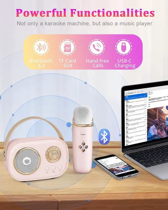Alt view image 3 of 6 - PRUNUS C20 Mini Karaoke Machine Portable Bluetooth Speaker with Wireless Microphone 6 Sound Modes for Adults&Kids Birthday Home Farmily Friends Party Gifts for Girls Boys Friends-Pink