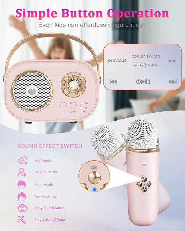 Alt view image 4 of 6 - PRUNUS C20 Mini Karaoke Machine Portable Bluetooth Speaker with Wireless Microphone 6 Sound Modes for Adults&Kids Birthday Home Farmily Friends Party Gifts for Girls Boys Friends-Pink