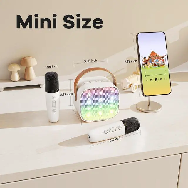 Alt view image 7 of 7 - YLL Mini Karaoke Machine for Kids Adults, Portable Bluetooth Speaker with 2 Wireless Microphones,Toys Birthday Gifts for Girls 3, 4, 5, 6, 7, 8, 9, 10, 11, 12+ Years Old Toddler Teens(White)