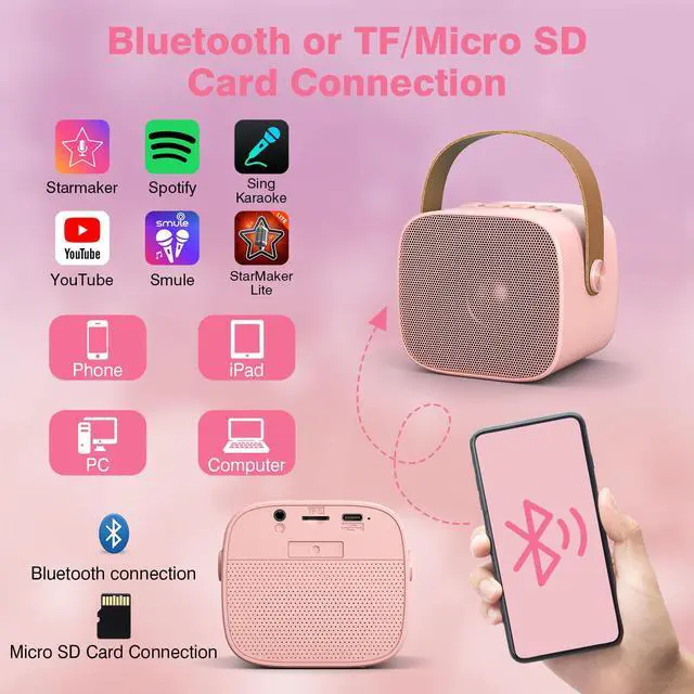 Alt view image 5 of 7 - Karaoke Machine for Kids Adults, Mini Portable Bluetooth Karaoke Speaker with 2 Wireless Microphones, MP3 Music Player, Birthday Gifts for Girls Boys 3,4,5,6,7,8,9,10, 12+ Years Old Family Home Party