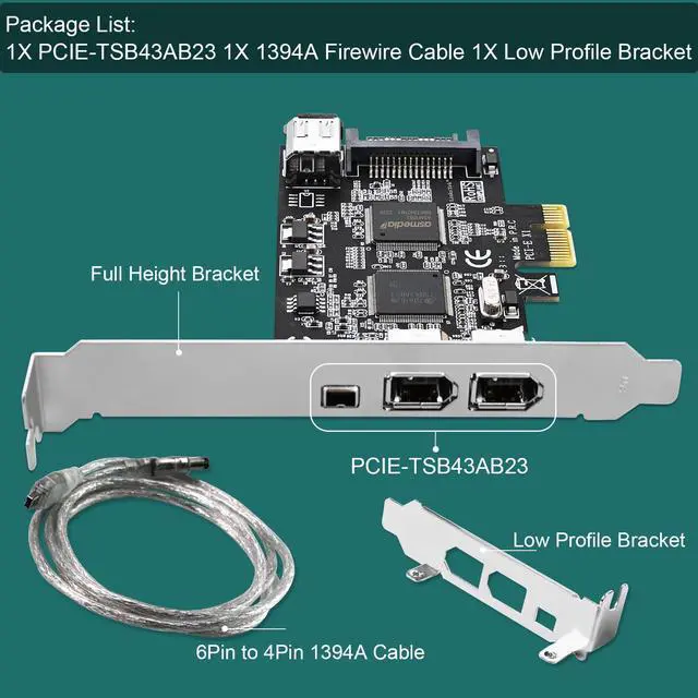 Alt view image 7 of 7 - 4-Ports PCIE 1394A Firewire 400 Card for Windows OS and MAC OS PCs, TI TSB43AB23, 3X 6Pin and 1X 4Pin 1394A Interface, with 4Pin to 6Pin 1394A Cables and Low Profile Bracket (PCIE-TSB43AB23)