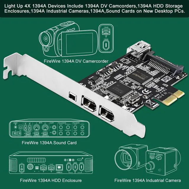 Alt view image 4 of 7 - 4 Ports PCIE Firewire 400 1394A Expansion Card, Texas Instruments TI TSB43AB23, Plug and Play on Windows and MAC Desktop PCs, 3X 6Pin and 1X 4Pin 1394A Ports, 400Mbps Max Speed (FS-FW400)