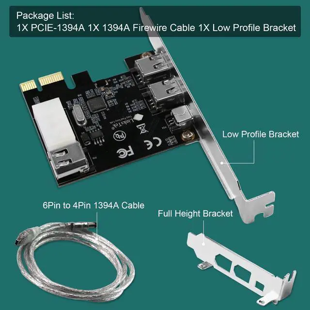 Alt view image 6 of 7 - LinksTek 4-Ports 1394A PCIE FireWire 400 Expansion Card for Windows Desktop PCs, 3X 6Pin and 1X 4Pin 1394A 400Mbps Ports, with 4Pin-6Pin 1394A Cables and Low Profile Bracket (PCIE-1394A)