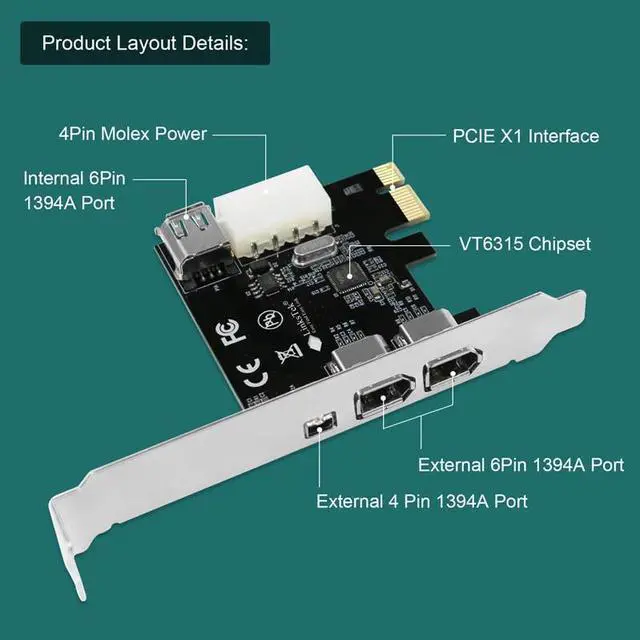 Alt view image 7 of 7 - LinksTek 4-Ports 1394A PCIE FireWire 400 Expansion Card for Windows Desktop PCs, 3X 6Pin and 1X 4Pin 1394A 400Mbps Ports, with 4Pin-6Pin 1394A Cables and Low Profile Bracket (PCIE-1394A)