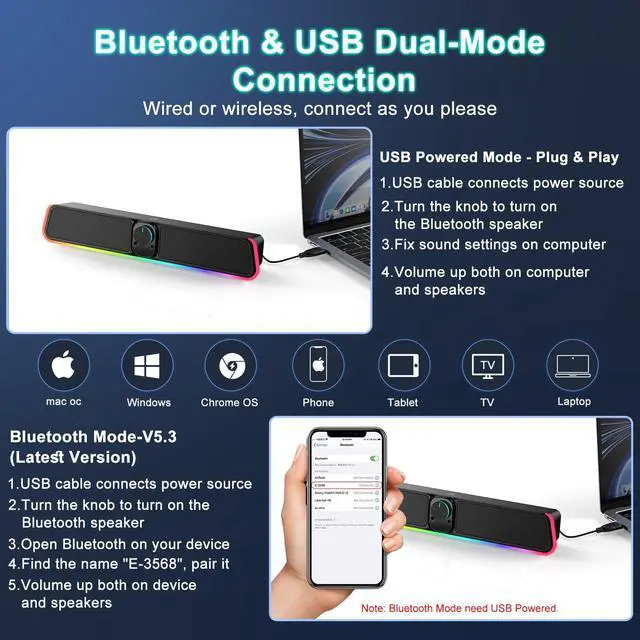 Alt view image 2 of 6 - Desktop Computer Speakers - Wired USB Powered Bluetooth Sound Bar with RGB & Volume Knob, HiFi Stereo Portable Gaming Sound Bar Speaker for Desktop Monitor, PC, Laptop, Tablets, Mac Air/Pro