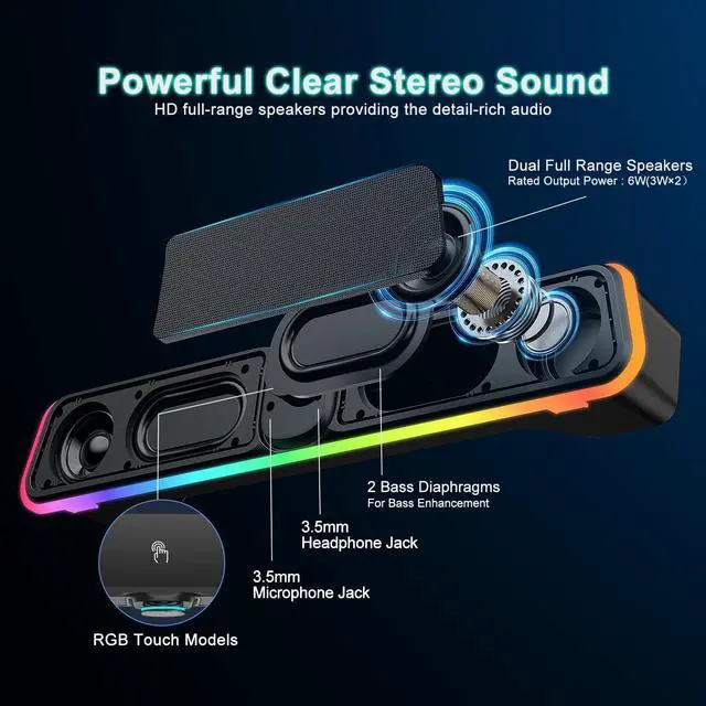 Alt view image 3 of 6 - Desktop Computer Speakers - Wired USB Powered Bluetooth Sound Bar with RGB & Volume Knob, HiFi Stereo Portable Gaming Sound Bar Speaker for Desktop Monitor, PC, Laptop, Tablets, Mac Air/Pro