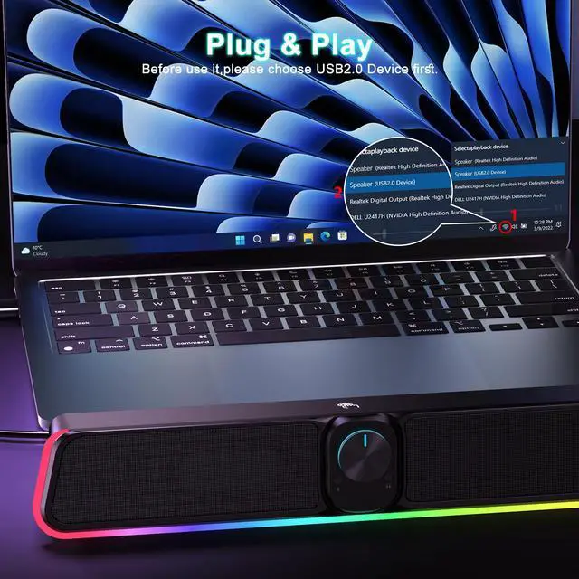 Alt view image 6 of 6 - Desktop Computer Speakers - Wired USB Powered Bluetooth Sound Bar with RGB & Volume Knob, HiFi Stereo Portable Gaming Sound Bar Speaker for Desktop Monitor, PC, Laptop, Tablets, Mac Air/Pro
