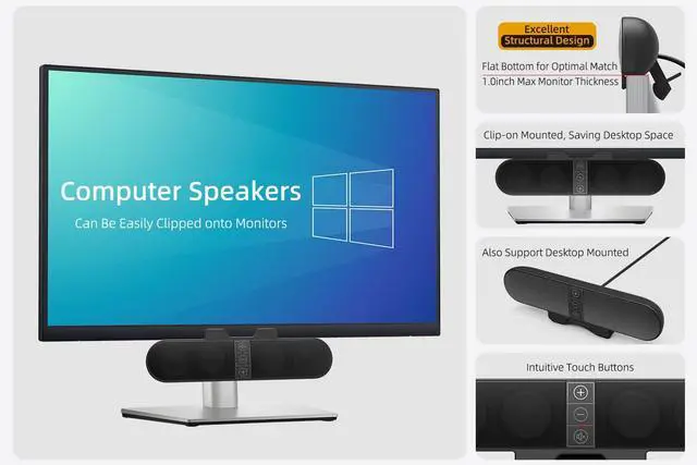 Alt view image 6 of 7 - Computer Speakers for Desktop PC Monitor, USB Plug-in, Wired, Computer Soundbar for PC, Laptop Speakers with Adaptive-Channel-Switching, Loud Sound, Deep Bass, USB C Adapter, Easy to Clip on Monitor