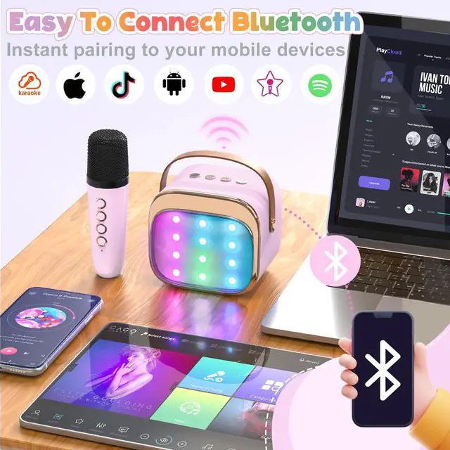 Alt view image 4 of 7 - FLUESTON Mini Karaoke Machine for Kids Adults, Portable Bluetooth Speaker with 2 Wireless Microphones, Birthday Kids Gifts Toys for Girls Ages 3, 4, 5, 6, 7, 8, 9,10,11,12+ Years Old