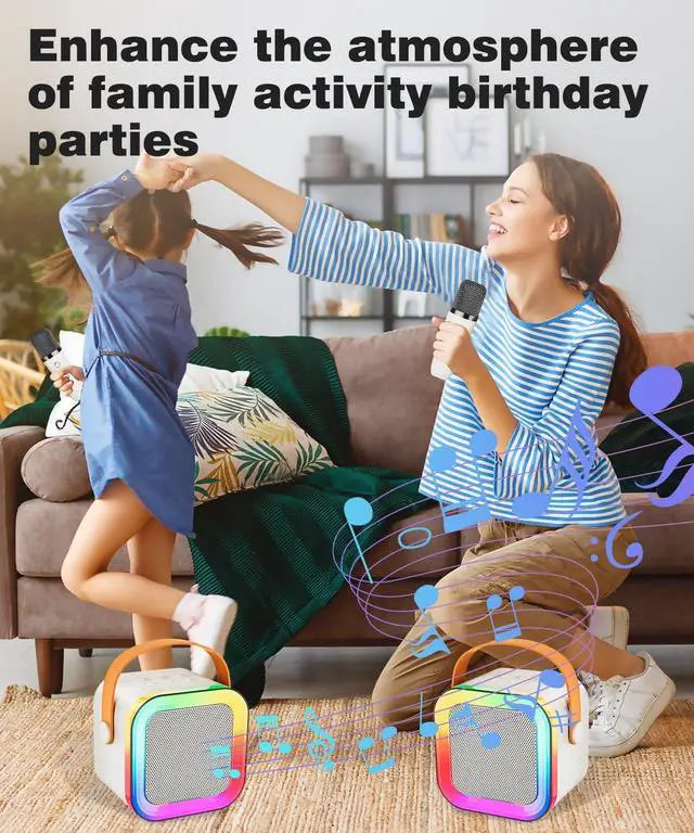 Alt view image 6 of 7 - Mini Karaoke Machine Speaker for Kids Adults,Portable Bluetooth with 1-2 Wireless Microphones,Christmas Birthday Gifts Toys Girls Boys Ages 4, 5, 6,7, 8,9,10,11,12+ Years Old Toddler (Off-White -1Mic)