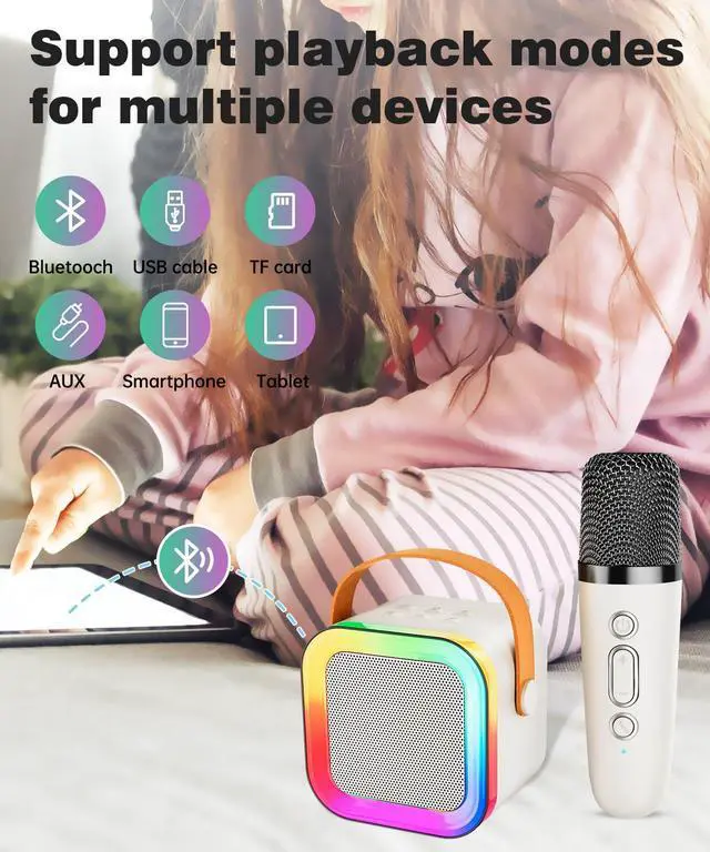 Alt view image 4 of 7 - Mini Karaoke Machine Speaker for Kids Adults,Portable Bluetooth with 1-2 Wireless Microphones,Christmas Birthday Gifts Toys Girls Boys Ages 4, 5, 6,7, 8,9,10,11,12+ Years Old Toddler (Off-White -1Mic)