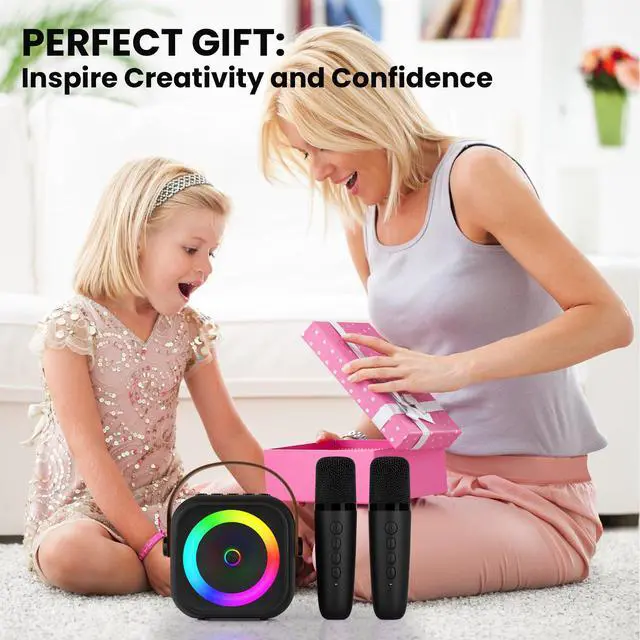 Alt view image 6 of 7 - Mini Karaoke Machine, Portable Bluetooth Karaoke Speaker with 2 Wireless Microphones and Party Lights for Kids and Adults, Birthday Gifts for Girls Boys Family Home Party