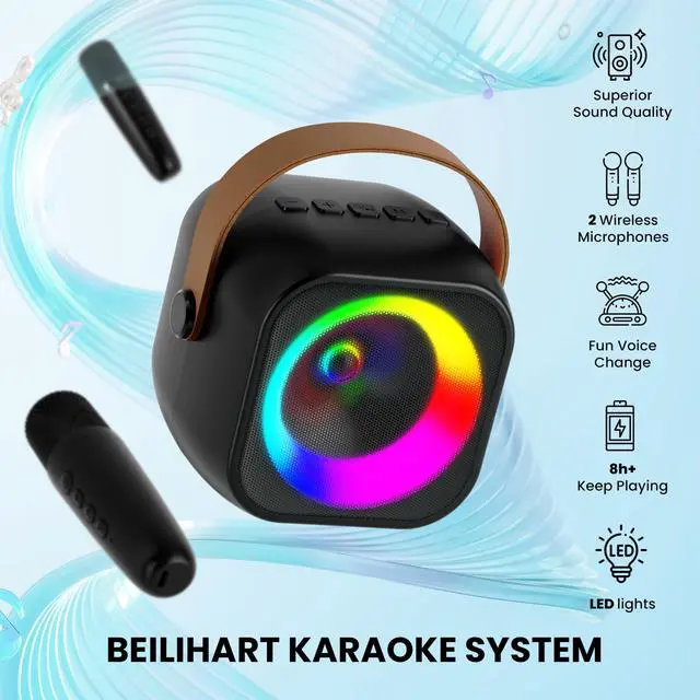 Alt view image 7 of 7 - Mini Karaoke Machine, Portable Bluetooth Karaoke Speaker with 2 Wireless Microphones and Party Lights for Kids and Adults, Birthday Gifts for Girls Boys Family Home Party