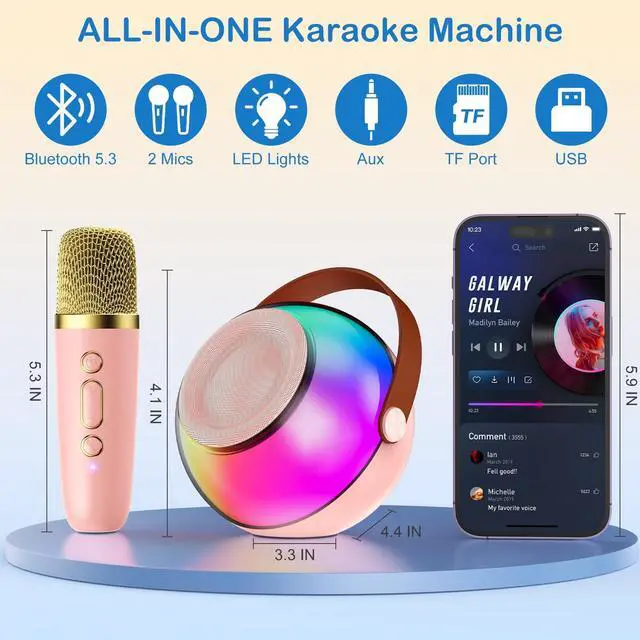 Alt view image 3 of 7 - Mini Karaoke Machine for Kids Adults, Portable Bluetooth Speaker with 2 Wireless Microphones, Karaoke Toys for Family Party, Birthday Gifts for Girls Ages 4, 5, 6, 7, 8, 9, 10, 12+ (Pink, 1 Mic)