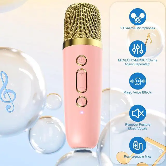 Alt view image 5 of 7 - Mini Karaoke Machine for Kids Adults, Portable Bluetooth Speaker with 2 Wireless Microphones, Karaoke Toys for Family Party, Birthday Gifts for Girls Ages 4, 5, 6, 7, 8, 9, 10, 12+ (Pink, 1 Mic)