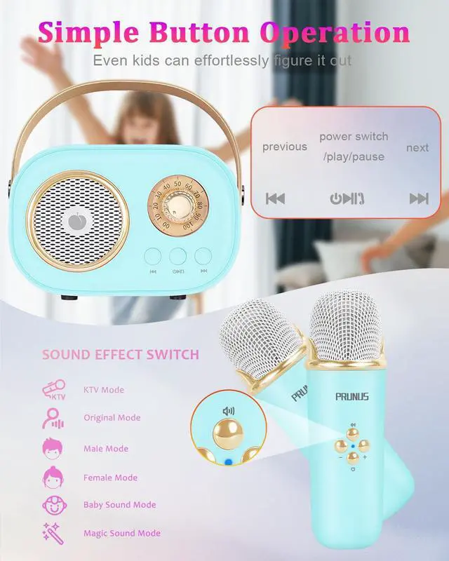 Alt view image 5 of 7 - PRUNUS C20 Mini Karaoke Machine Portable Bluetooth Speaker with Wireless Microphone 6 Sound Modes for Adults&Kids Birthday Home Farmily Friends Party Gifts for Girls Boys Friends-Blue